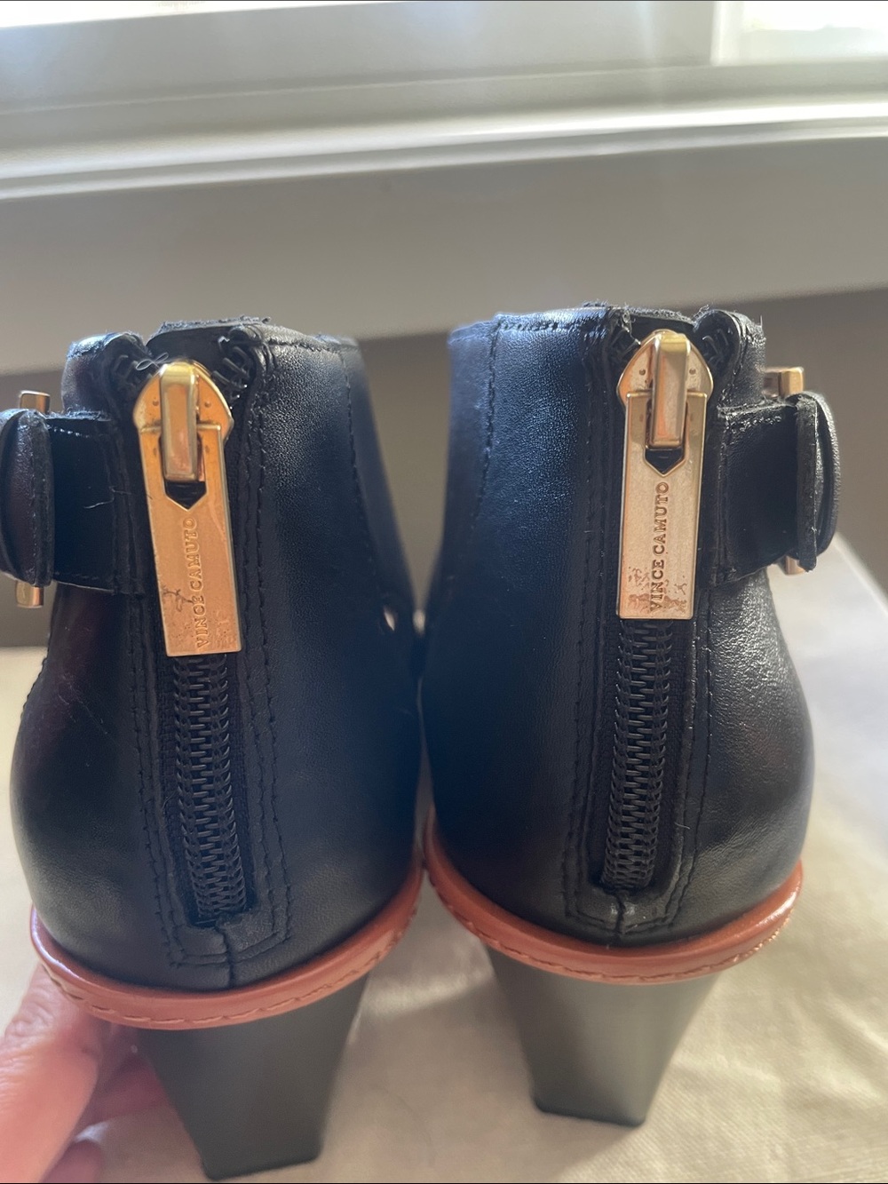 Vince Camuto Black Leather Open-Toe Buckle Heeled Booties with Brown Trim - Picture 5 of 10